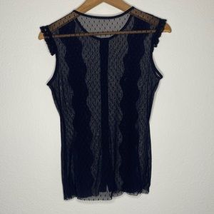Sheer Black Lace Tank Top w Buttons & Ruffles